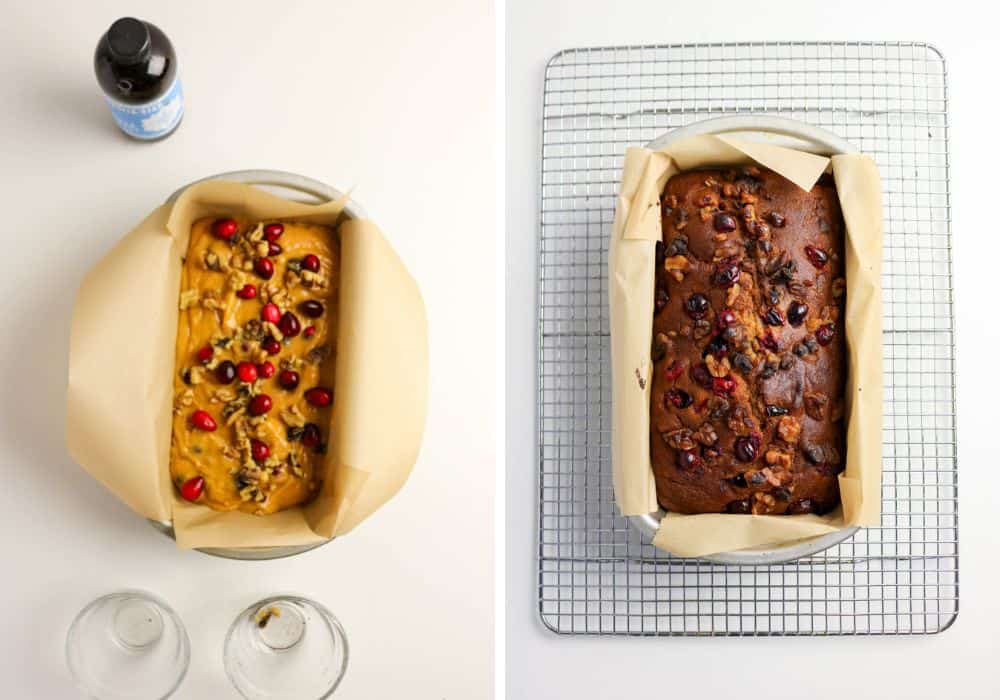 Two photos; one shows an overhead view of pumpkin cranberry batter in a loaf pan; the other shows the freshly baked loaf in the pan.