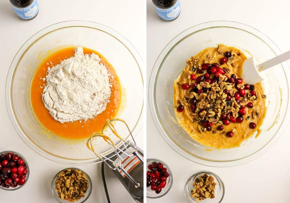 Two photos; one shows dry ingredients added to wet ingredients; the other shows nuts and cranberries added to the pumpkin bread batter.