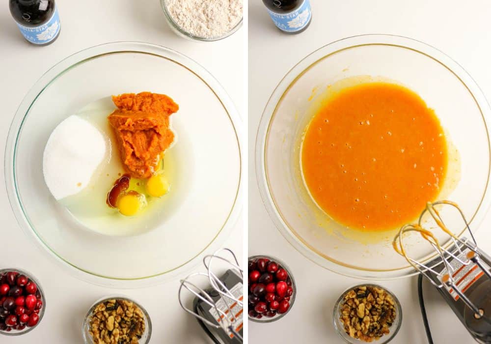 Two photos; one shows sugar, oil, eggs, vanilla, and pumpkin in a glass bowl; the other shows the ingredients mixed together with an electric mixer.