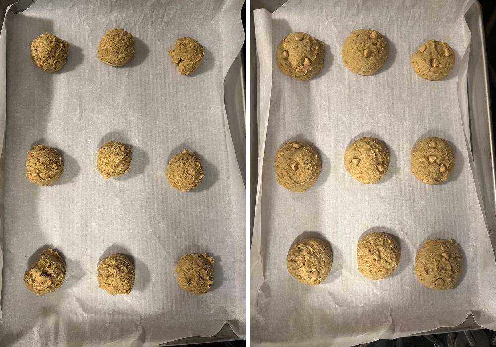 two photos; one shows rounds of pumpkin butterscotch cookie dough on a parchment-lined baking sheet; the other shows the freshly baked cookies on the pan.