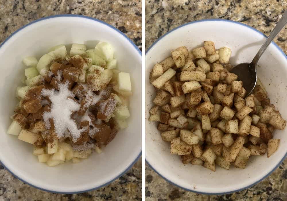 Two photos; one shows cinnamon and sugar sprinkled over diced apples; the other shows the ingredients stirred together to coat the apples.