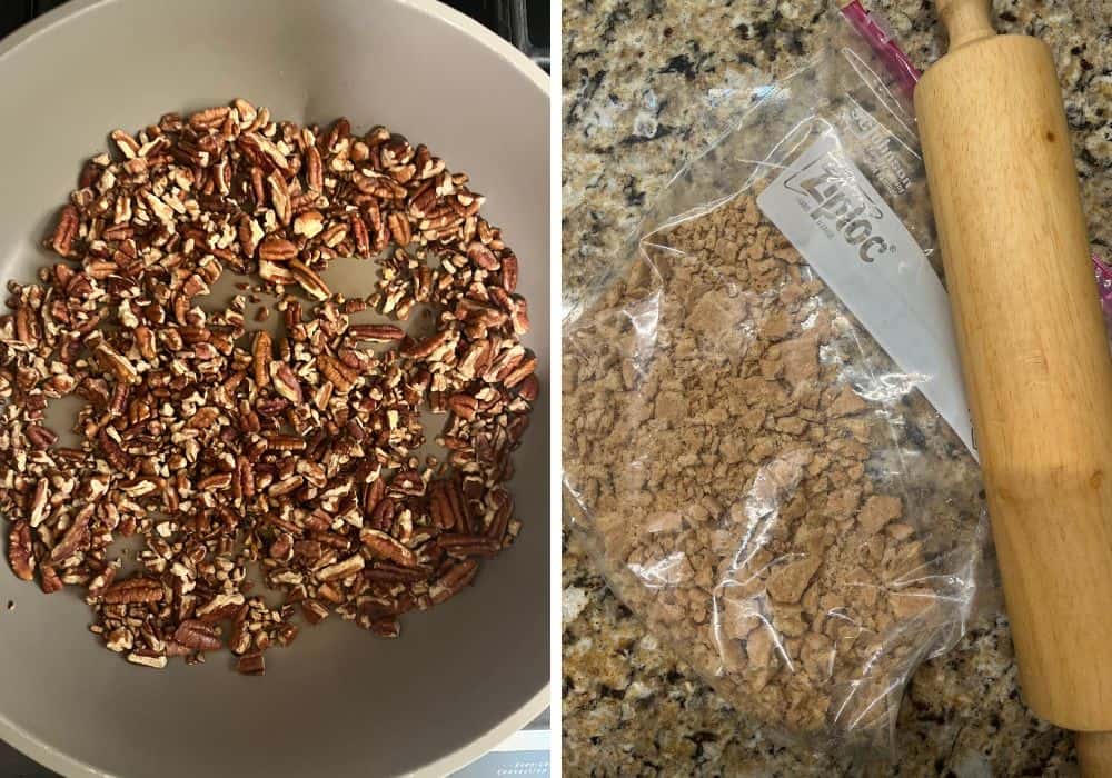two photos; one shows toasted pecans in a skillet; the other shows coarse crumbs of graham crackers in a ziploc bag next to a rolling pin.