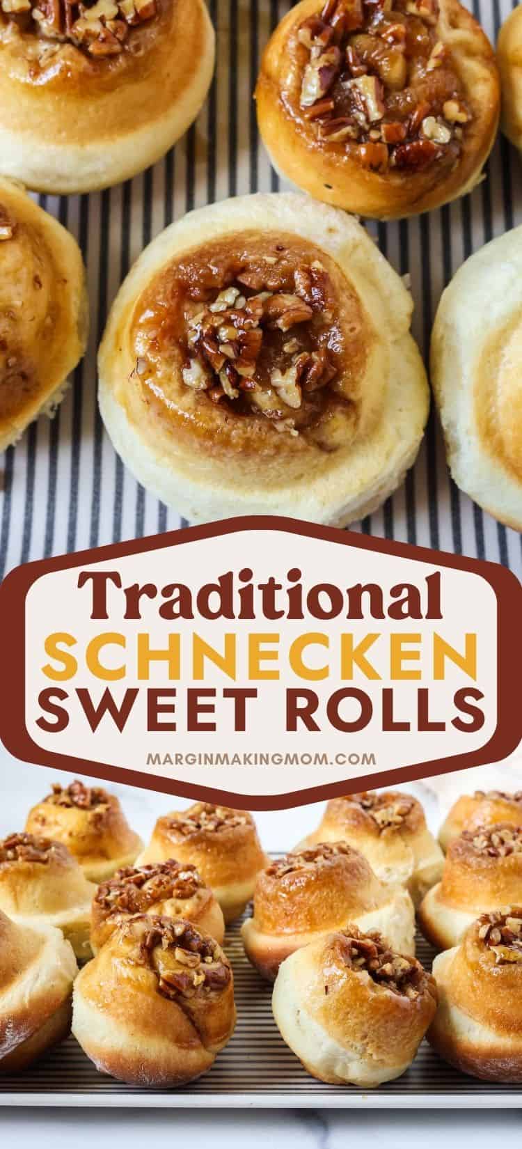 Two photos; one shows an overhead view of schnecken German sweet rolls; the other shows a side view of the rolls on a platter.