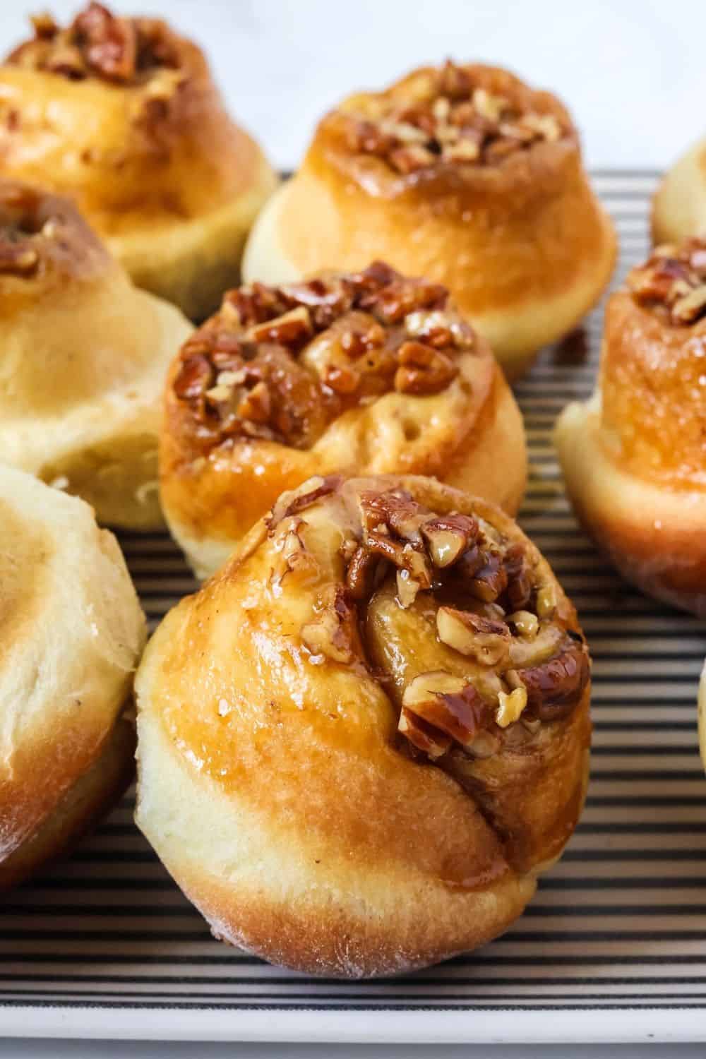 Side view of schnecken sweet rolls on a platter, showcasing the pecan brown sugar mixture on top of the rolls.