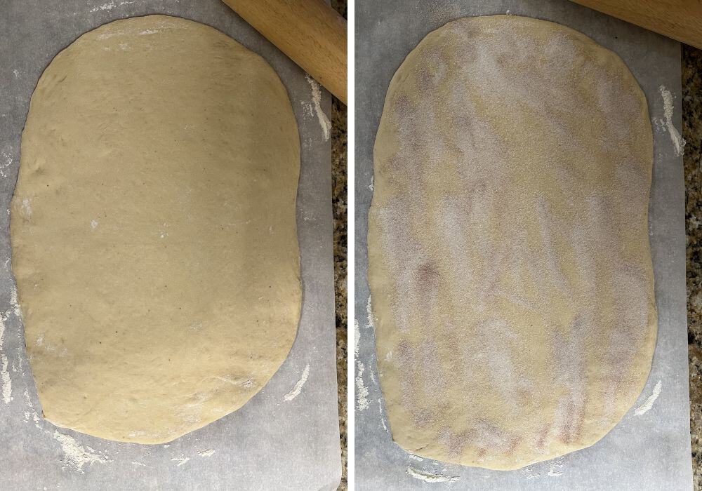 Two photos; one shows dough rolled out onto a piece of floured parchment; the other shows butter and cinnamon sugar sprinkled over the dough.
