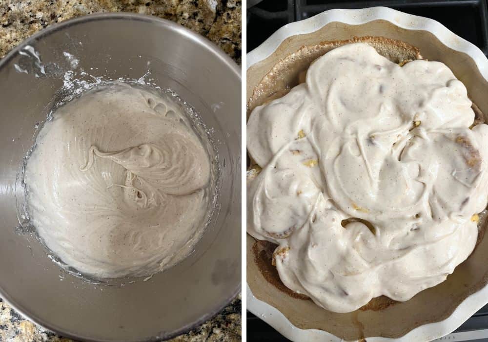 Two photos; one shows cinnamon cream cheese frosting in a small mixing bowl; the other shows the frosting slathered over the top of warm pumpkin cinnamon rolls.