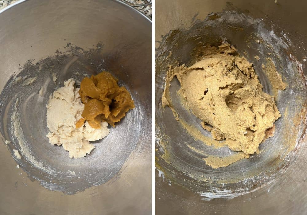 two photos; one shows pumpkin puree added to butter and sugar mixture; the other shows those ingredients mixed together.