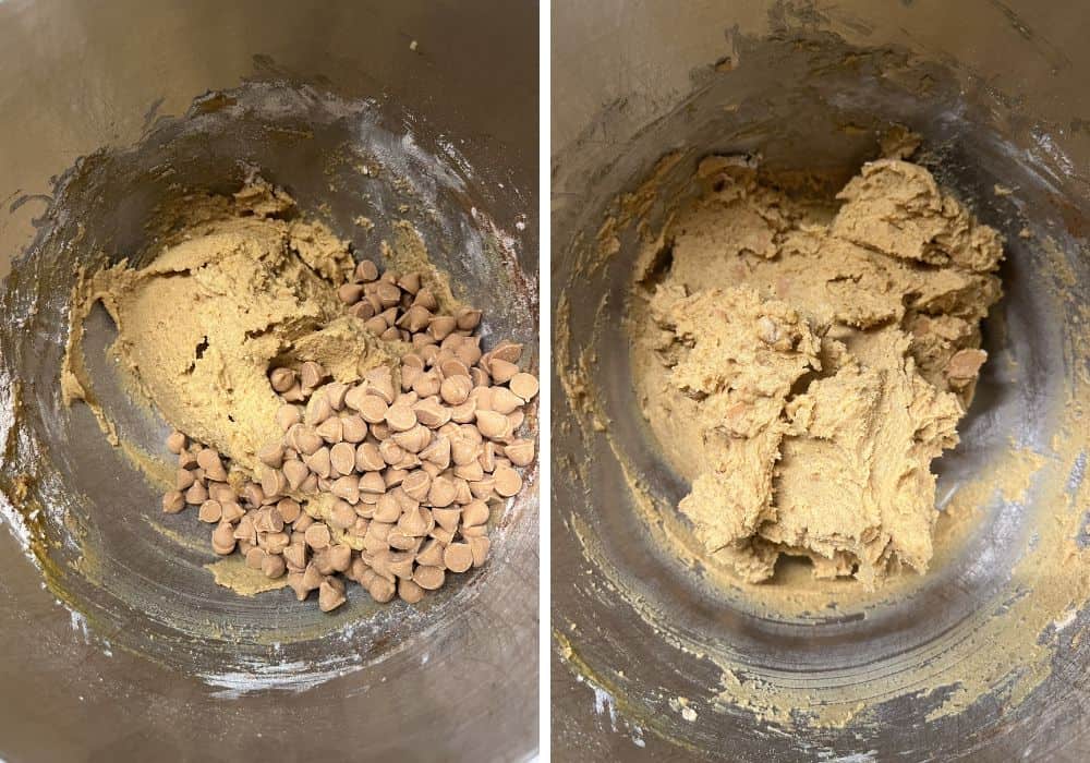 two photos; one shows butterscotch chips added to pumpkin cookie dough; the other shows the chips mixed into the dough.