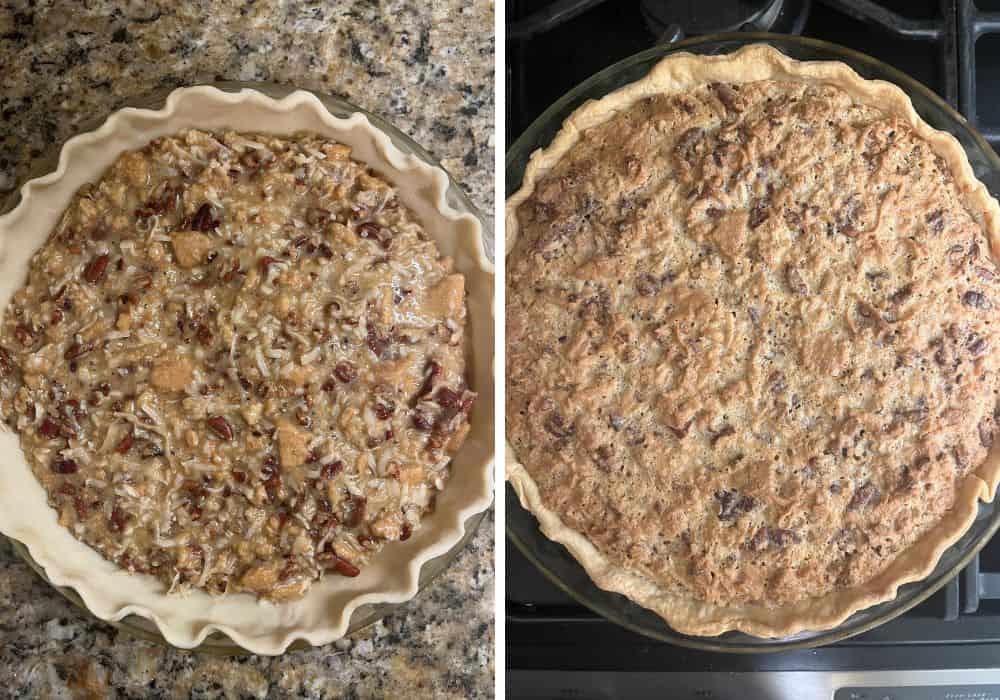 two photos; one shows sawdust pie filling in unbaked pie crust; the other shows the pie after being baked.