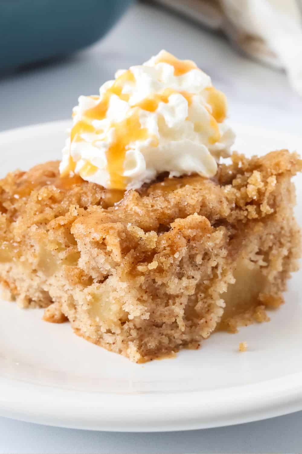 Close-up view of a slice of streusel-topped apple cake made with cake mix and a can of pie filling. The slice has a dollop of whipped cream on top, as well as a drizzle of caramel sauce.