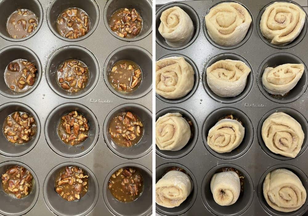 Two photos; one shows brown sugar and pecan mixture in the wells of a muffin pan; the other shows rounds of dough in the pan.