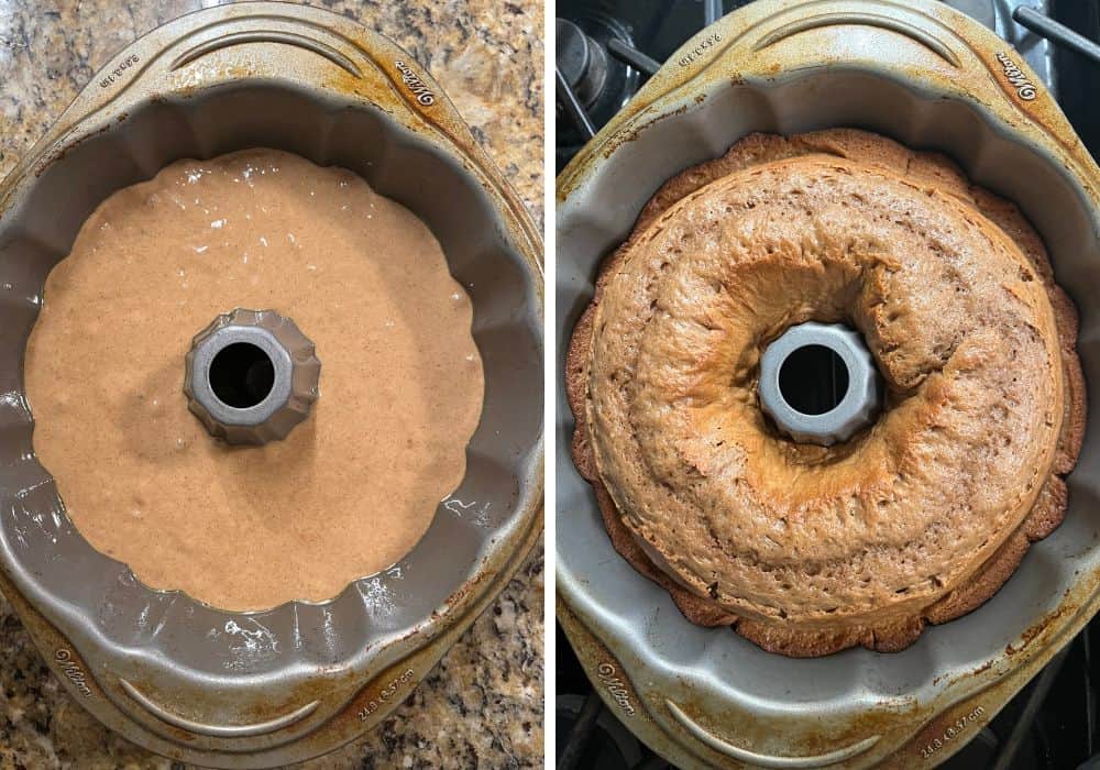 Two photos; one shows batter added to a greased bundt pan; the other shows the freshly baked apple butter cake still in the pan.