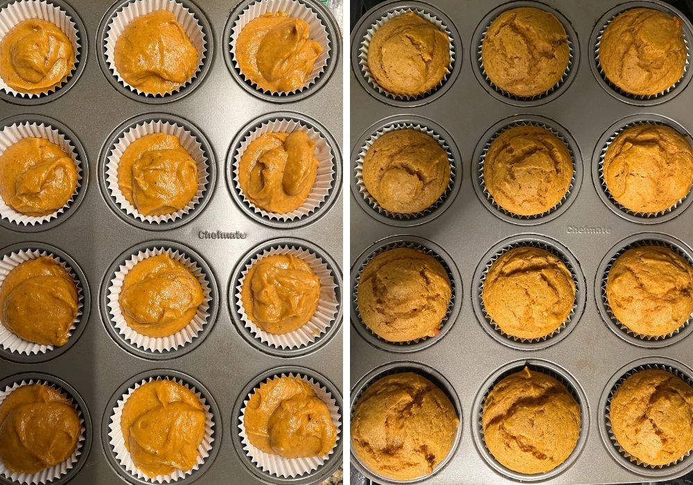 Two photos; one shows cupcake batter in cupcake liners in a pan; the other shows the cupcakes in the pan after baking.