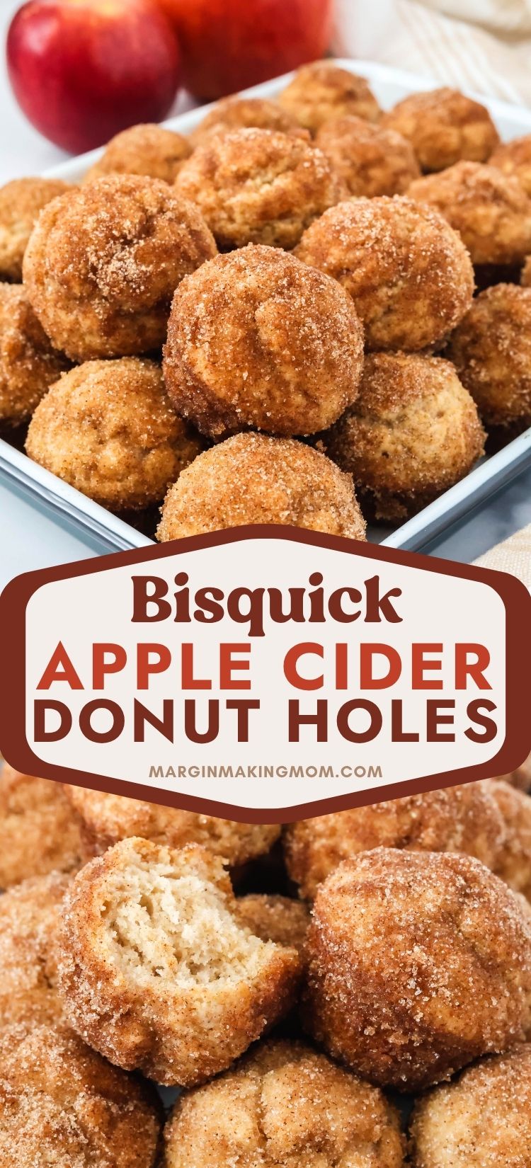 Two photos; one shows several apple cider donut holes on a blue and white platter; the other shows a close-up view of the cinnamon sugar coating and tender interior of the donut bites.