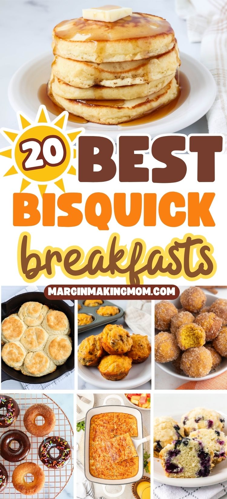 collage image featuring seven photos of different bisquick breakfasts, including pancakes, biscuits, muffins, donuts, casserole, etc.