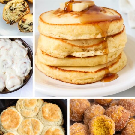 Collage image featuring five different Bisquick breakfast ideas, including muffins, cinnamon rolls, biscuits, donuts, and pancakes.