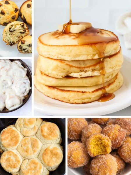 Collage image featuring five different Bisquick breakfast ideas, including muffins, cinnamon rolls, biscuits, donuts, and pancakes.