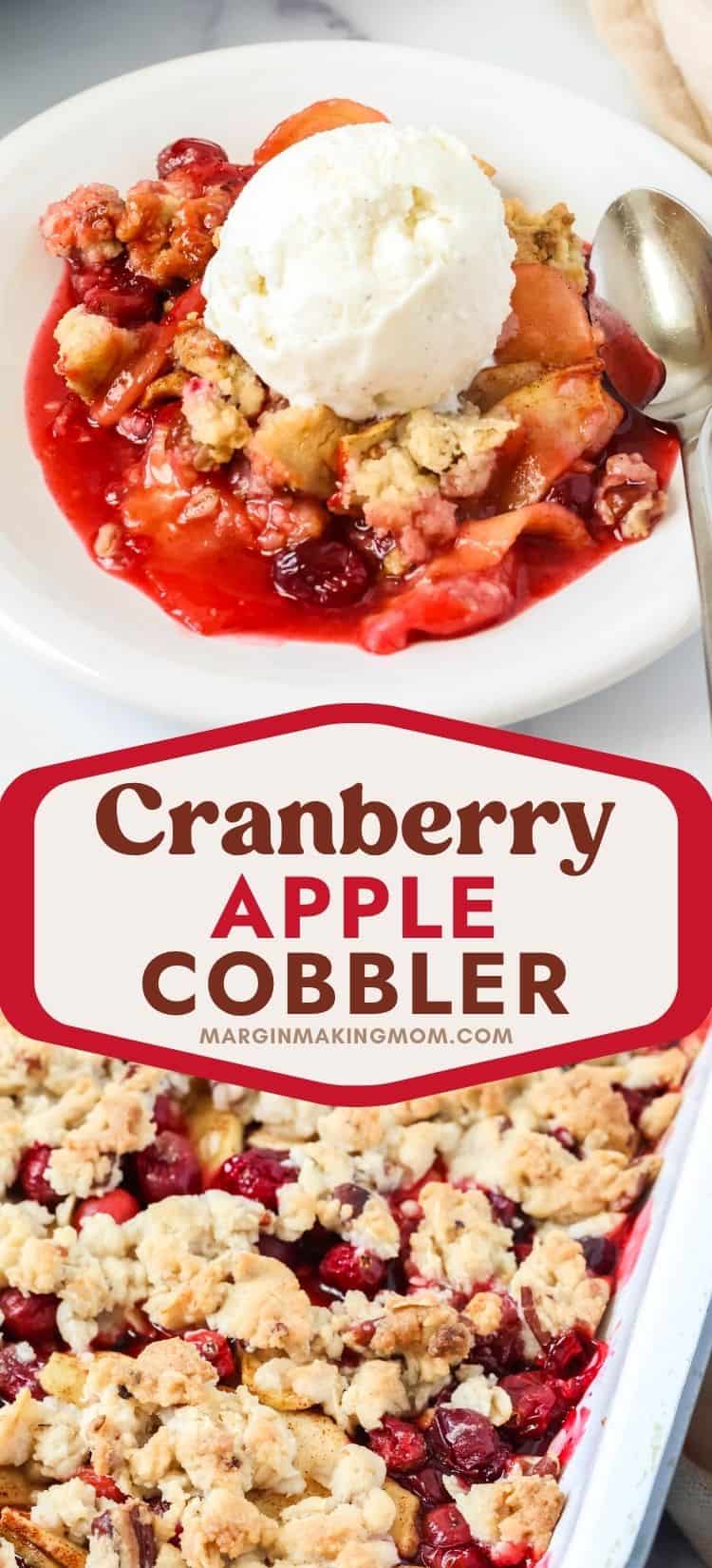 Two photos; one shows a serving of Bisquick cranberry apple crisp on a white plate, topped with ice cream. The other shows the fruit cobbler in the baking dish.