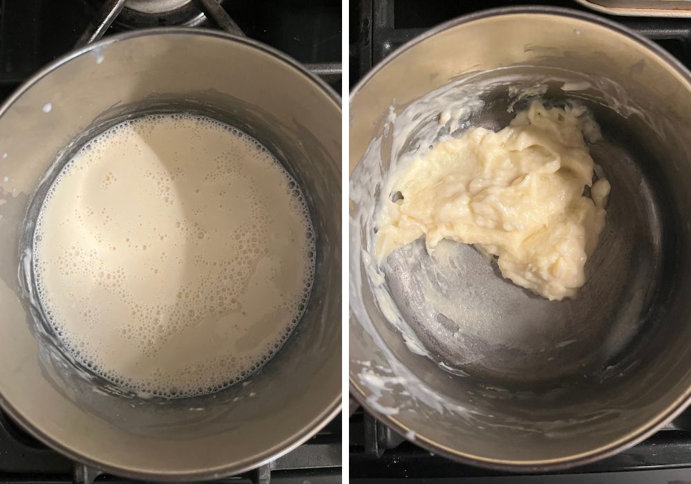 Two photos; one shows milk and flour combined in a saucepan; the other shows the mixture after cooking to achieve the texture of paste.