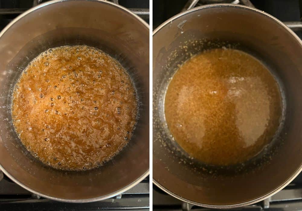 Two photos; one shows brown sugar and butter bubbling in a saucepan; the other shows the mixture with milk mixed in.
