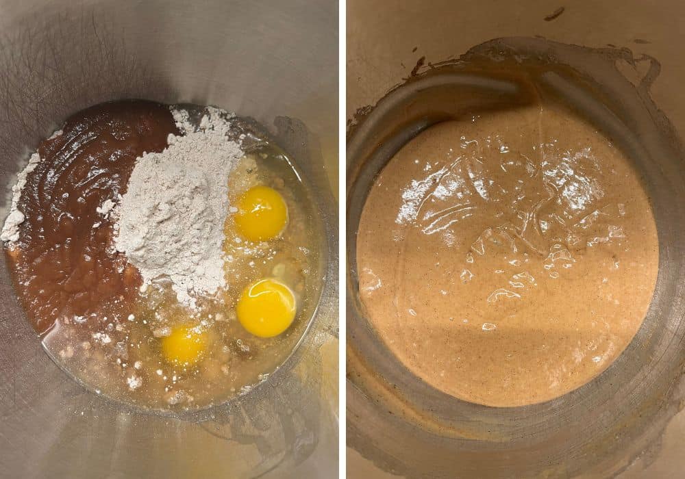 Two photos; one shows ingredients for apple butter cake in a mixing bowl; the other shows the ingredients mixed into a batter.
