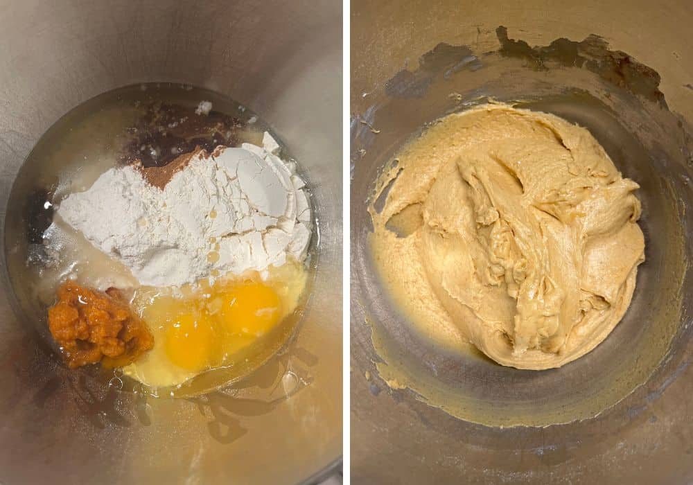 Two photos; one shows ingredients for cake mix pumpkin cookie dough in a mixing bowl; the other shows the cookie dough mixed together.