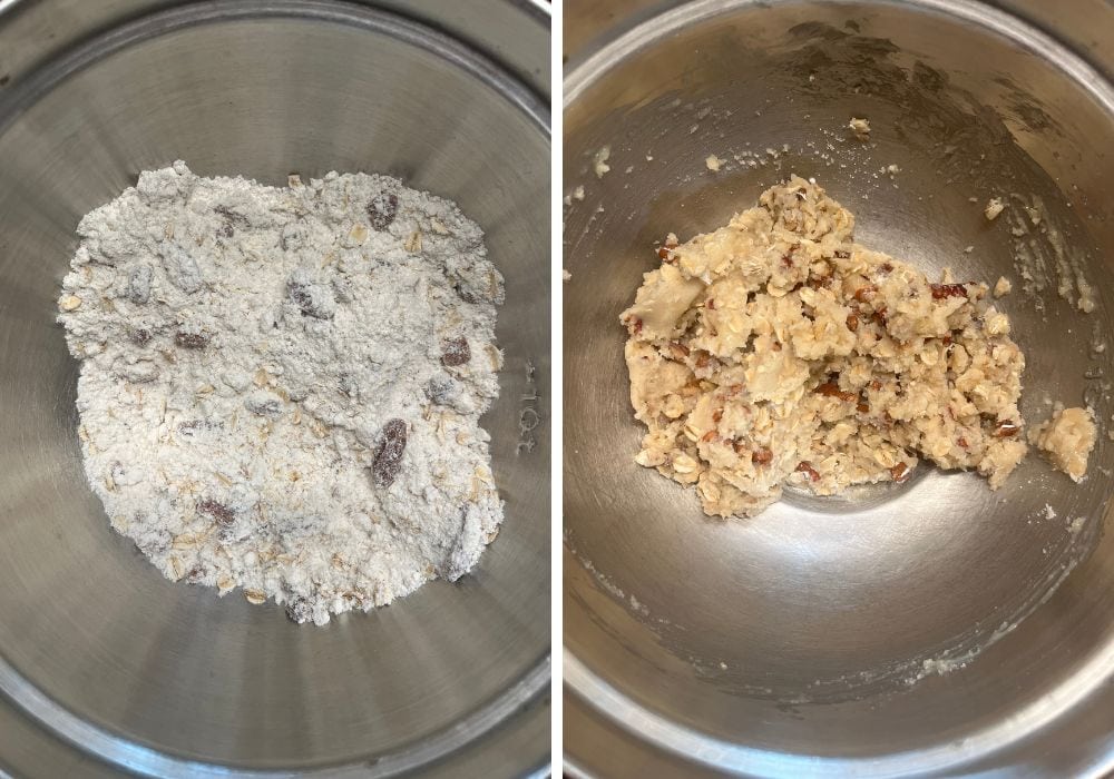 Two photos; one shows dry ingredients for the topping of cranberry apple crisp with oats in a bowl; the other shows the mixture after mixing in melted butter.