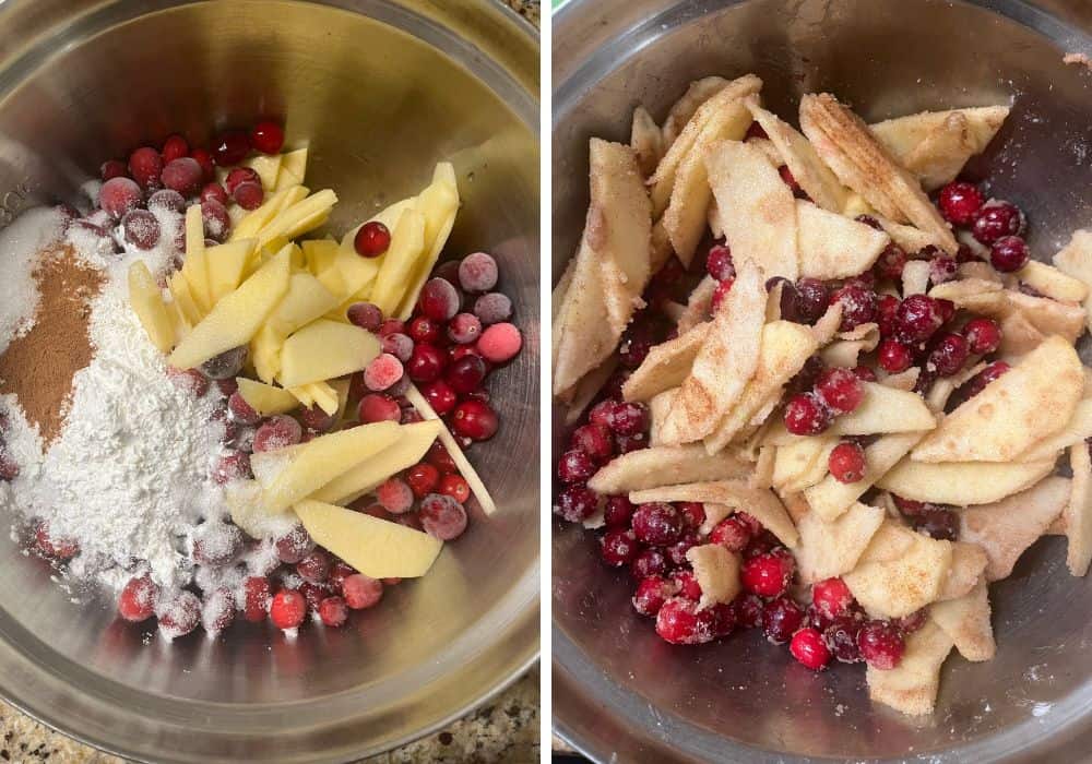Two photos; one shows fresh apple slices, fresh cranberries, sugar, cornstarch, cinnamon, and lemon juice in a mixing bowl; the other shows the ingredients tossed together until the fruit is evenly coated.