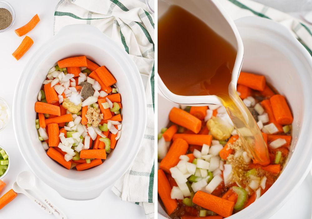 Two photos; one shows vegetables and seasonings in a crock pot; the other shows broth being poured over the veggies.