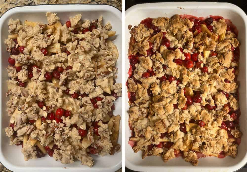 Two photos; one shows the crumble topping sprinkled evenly over the fresh apples and cranberries; the other shows the same pan after the fruit crisp has been baked.