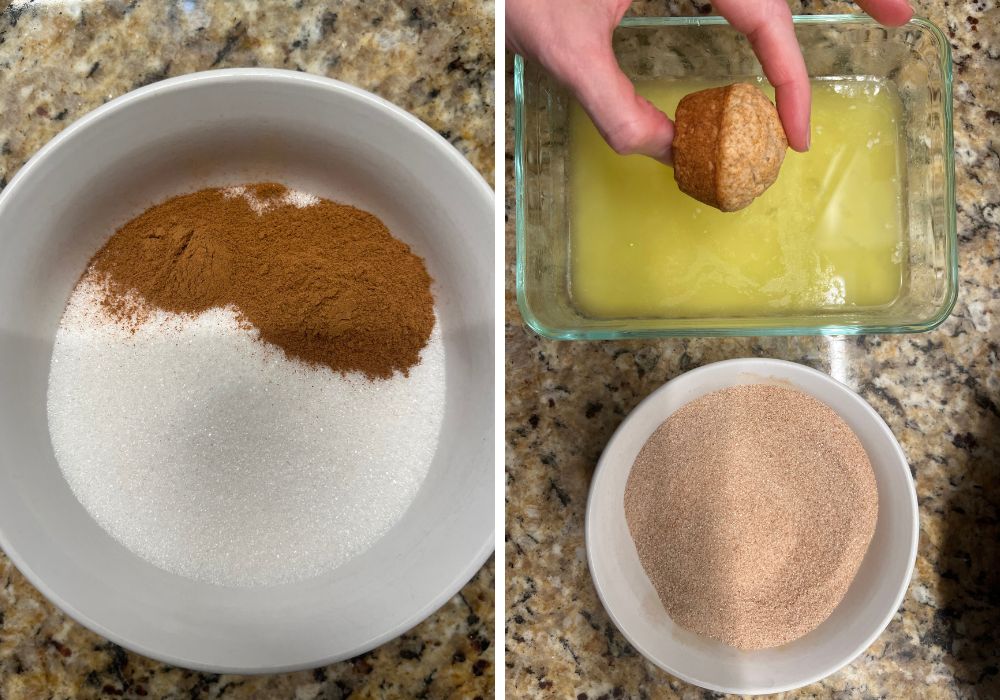 Two photos; one shows cinnamon and sugar in a small bowl; the other shows a hand dipping a apple cinnamon donut hole into melted butter before coating with cinnamon sugar mixture.