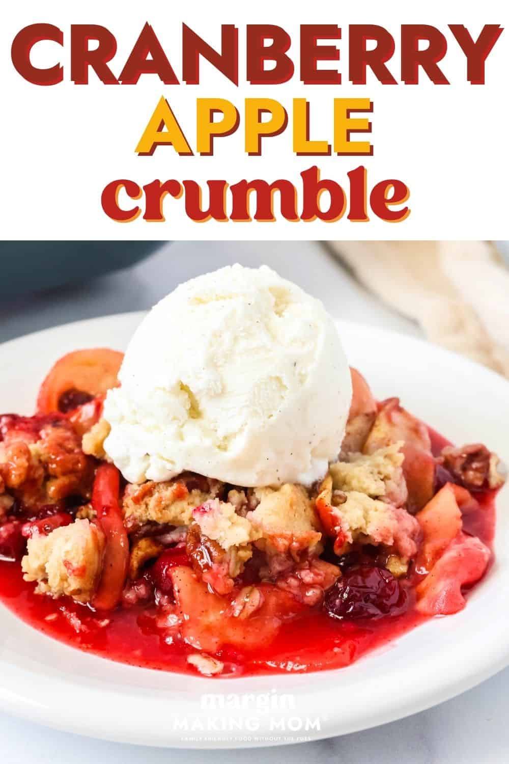 Close-up view of cranberry apple crisp topped with a scoop of vanilla ice cream, served on a white plate.