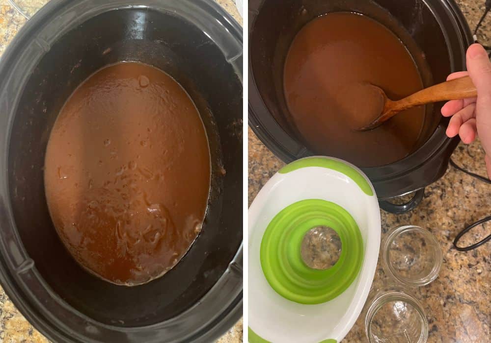 Two photos; one shows an overhead view of the blended apple butter in the CrockPot; the other shows a woman's hand holding a ladle, scooping out apple butter to funnel into jars.