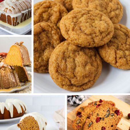 Collage image featuring photos of five fall baked goods.