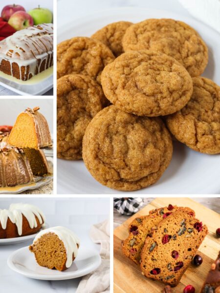 Collage image featuring photos of five fall baked goods.