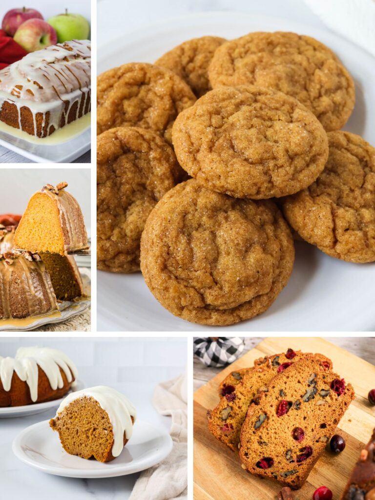 Collage image featuring photos of five fall baked goods.
