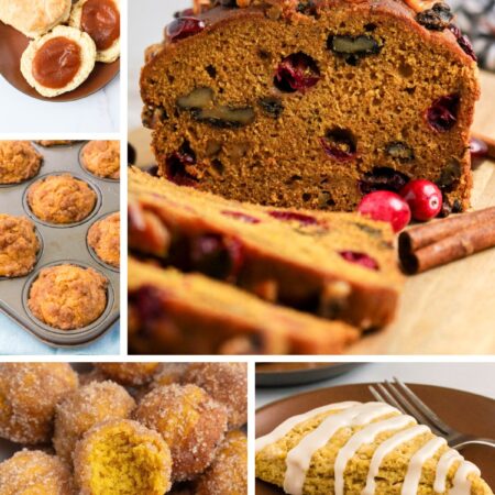 Collage image featuring various fall breakfast recipes, such as pumpkin cranberry bread, pear muffins, pumpkin donut holes, pumpkin scones, and biscuits with apple butter.