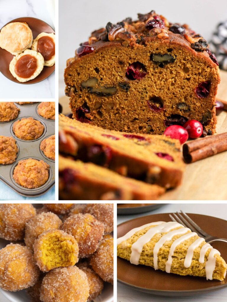 Collage image featuring various fall breakfast recipes, such as pumpkin cranberry bread, pear muffins, pumpkin donut holes, pumpkin scones, and biscuits with apple butter.