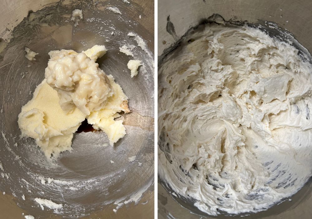 Two photos; one shows the boiled milk mixture added to creamed butter and sugar along with vanilla; the other shows the mixture after beating for several minutes to achieve the whipped cream texture of ermine frosting.