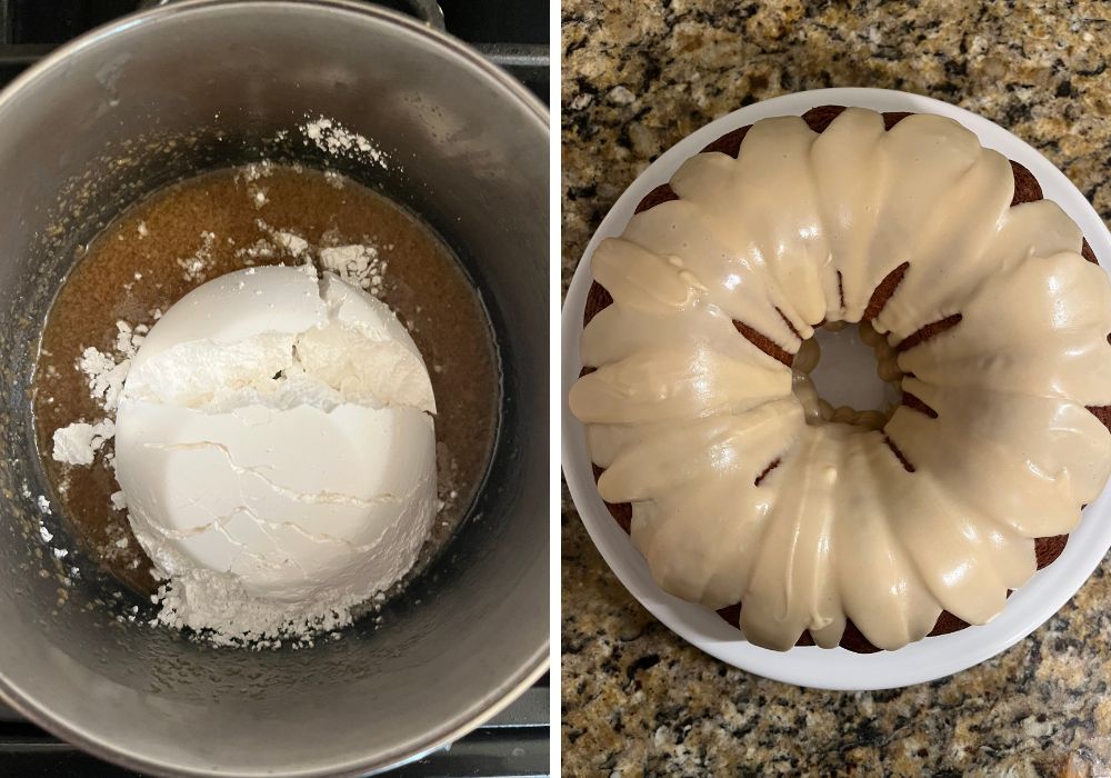 two photos; one shows powdered sugar added to brown sugar mixture in a mixing bowl; the other shows the bundt cake topped with brown sugar icing.