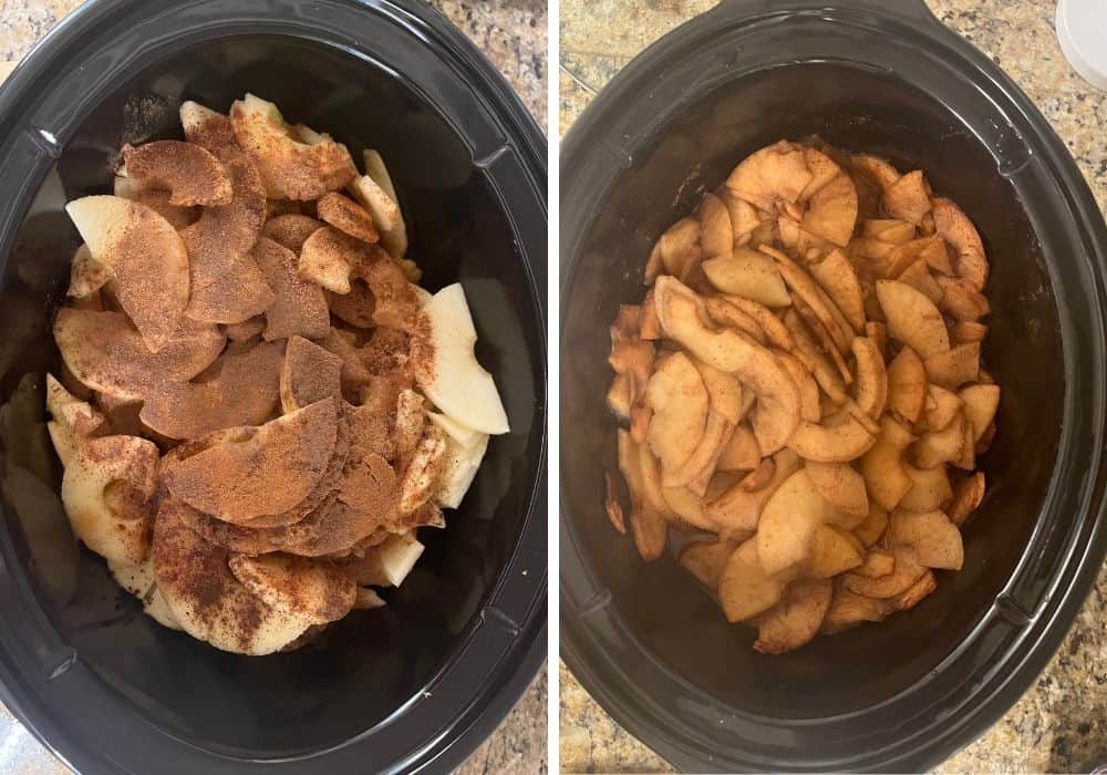 Two photos; one shows ingredients for apple butter in a slow cooker; the other shows the apples after cooking.