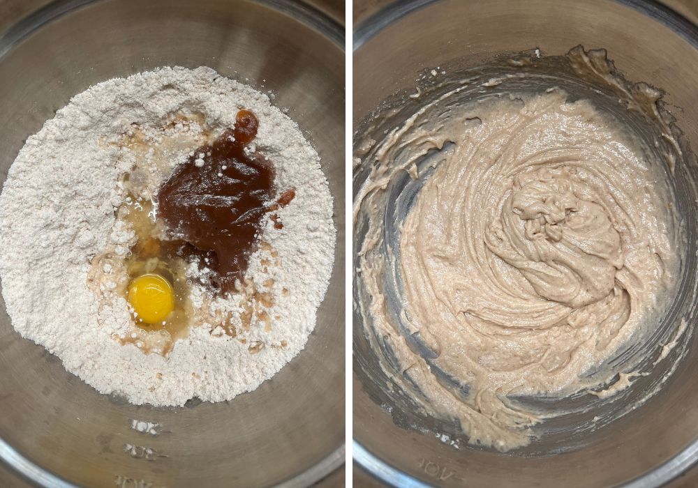 Two photos; one shows ingredients for baked apple cider donut bites in a bowl; the other shows the ingredients mixed together into a batter.
