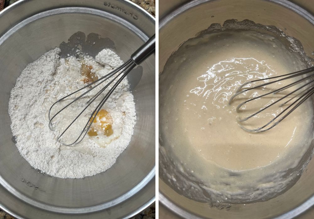Two photos; one shows ingredients for Bisquick pancakes in a mixing bowl with a whisk; the other shows the ingredients whisked together to form the batter.