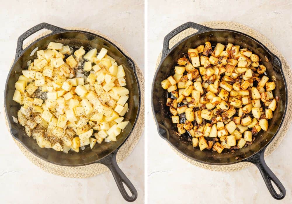 Two photos; one shows seasonings added to potatoes and onions; the other shows the potatoes and onions after frying in the skillet to golden-brown perfection.