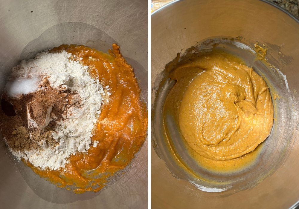 Two photos; one shows dry ingredients added to wet ingredients in a mixing bowl; the other shows the ingredients mixed together to make pumpkin cupcake batter.