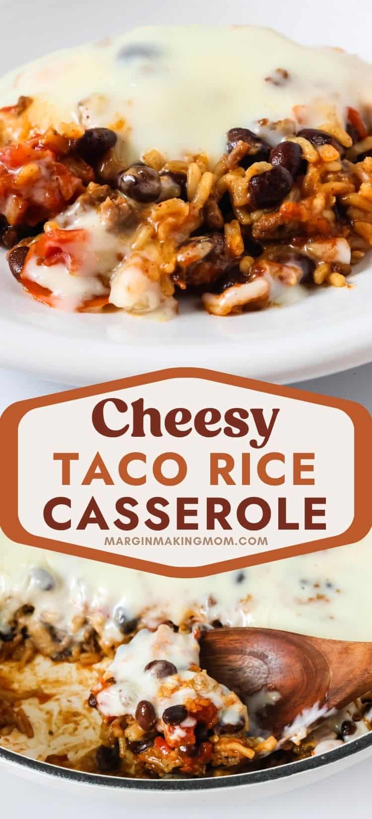 Two photos; one shows Knorr beef and rice cheesy casserole served on a white plate; the other shows a wooden serving spoon scooping a helping of casserole out of the pan.