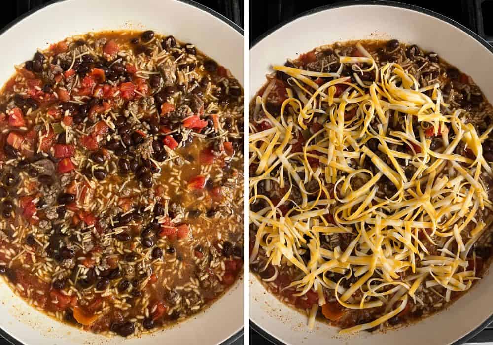 Two photos; one shows all contents of Knorr beef and rice casserole in a pan; the other shows shredded cheese sprinkled over the top before baking.