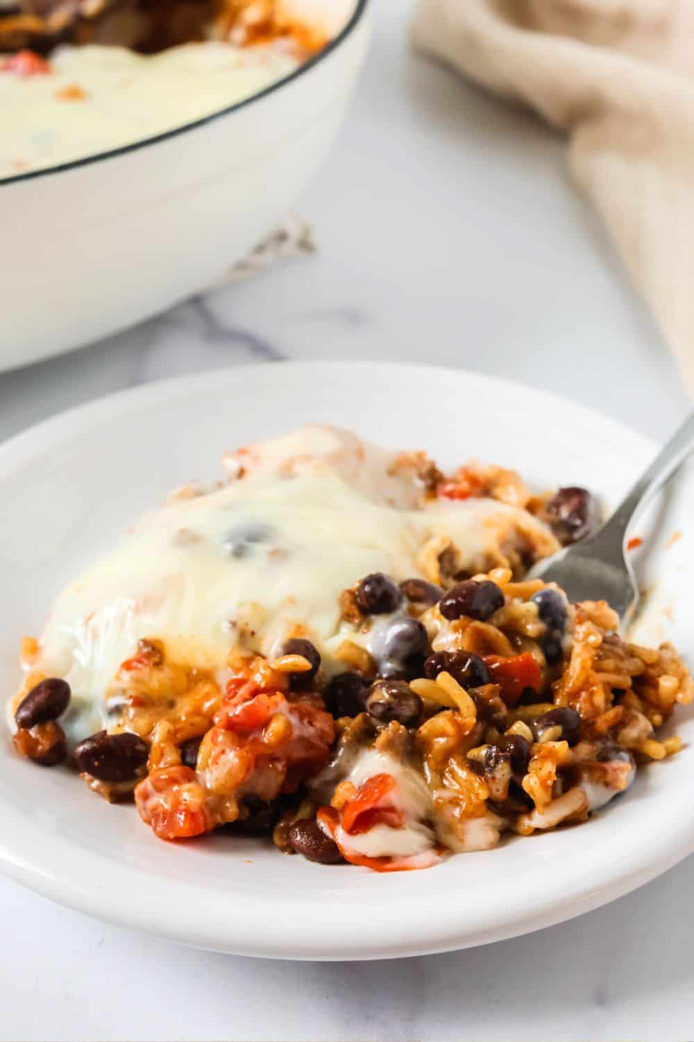 A serving of Knorr rice Mexican casserole topped with queso on a white plate. The pan of remaining casserole is in the background.