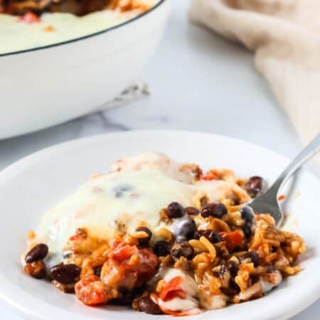Cheesy Knorr taco rice casserole served on a white plate, with the pan of remaining casserole in the background.