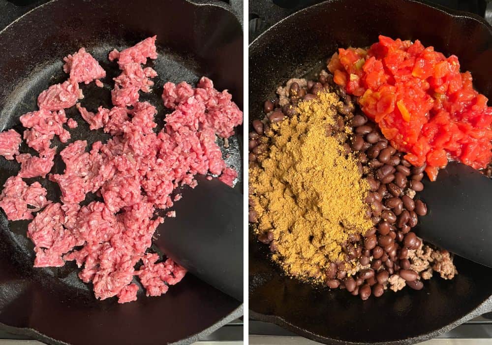 Two photos; one shows ground beef cooking in a skillet; the other shows black beans, taco seasoning, and Rotel tomatoes and chilies added to the skillet.